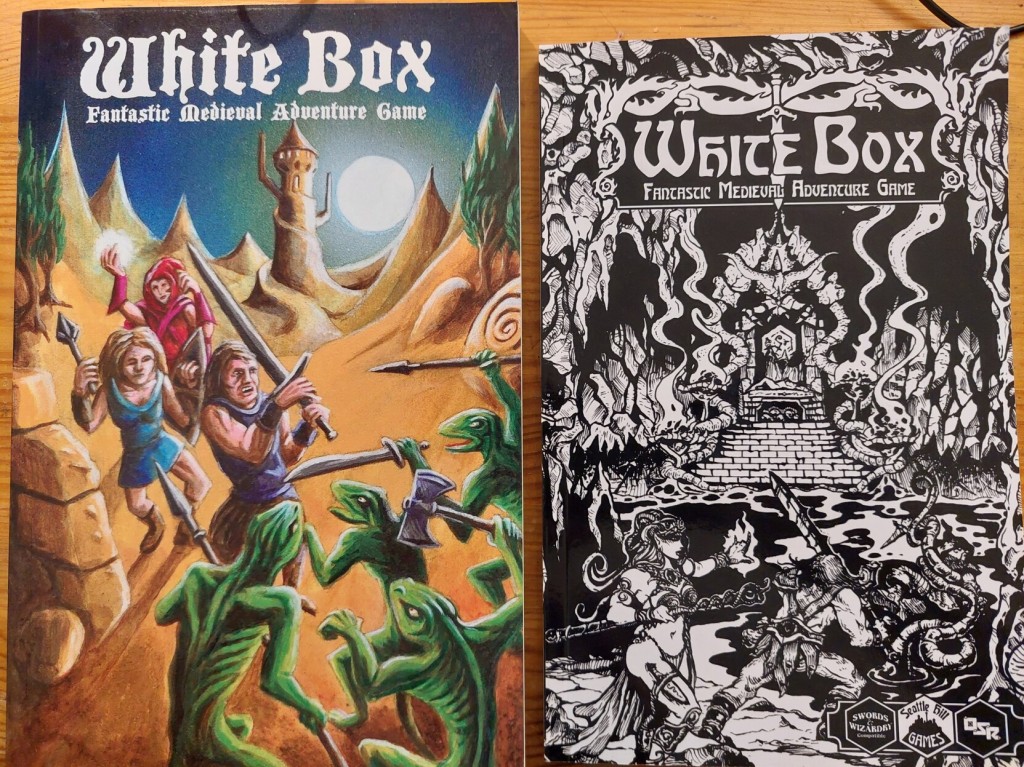 two versions of White Box - Fantastic Medieval Adventure Game, left with color cover of three adventurers fighting lizard beings, the right in black and white underground setting, altar in the back, adventurers fighting tentacles in pond before