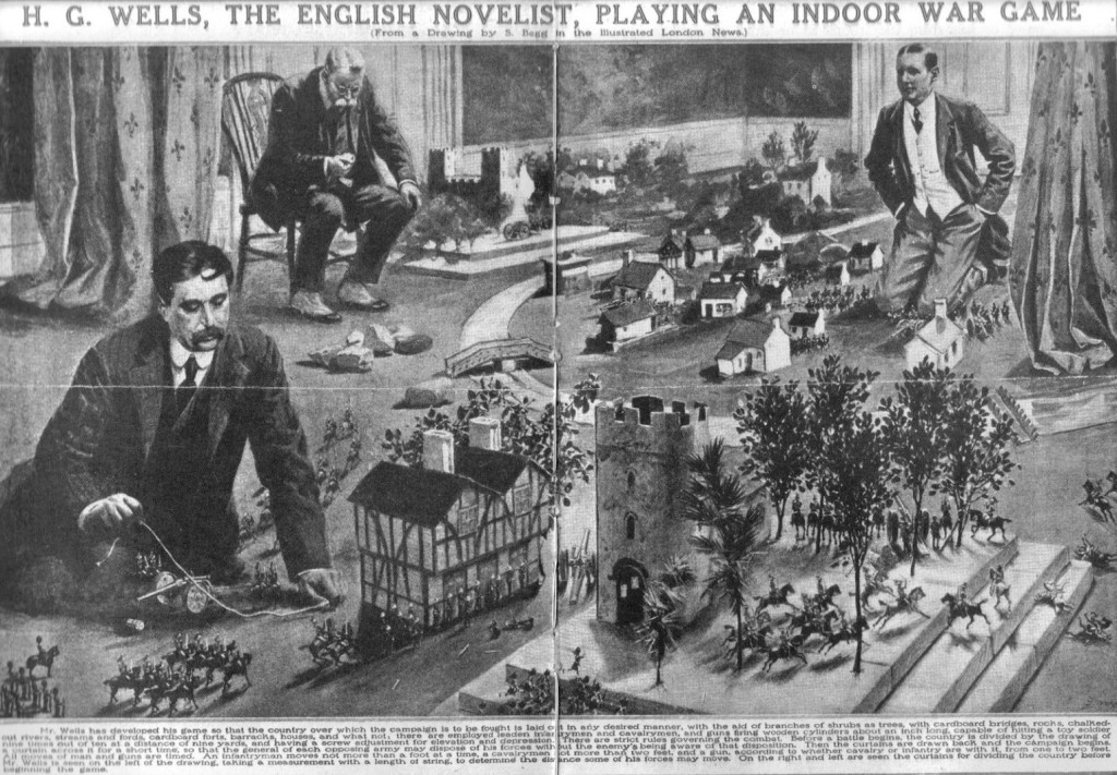 Caption: 
H.G.WELLS, THE ENGLISH NOVELIST PLAYING AN INDOOR WARGAME
(From a Drawing by S. Begg in the Illustrated London News)
"Mr. Wells has developed his game so that the country over which the campaign is to be fought is laid out in any desired manner, with the aid of branches of shrubs as trees, with cardboard bridges, rocks, chalked-out rivers, streams and fords, cardboard forts, barracks, houses, and what not; there are employed leaden infantrymen and cavalrymen, and guns firing wooden cylinders about an inch long, capable of hitting a toy soldiers nine times out of ten at a distance of nine yards, and having a screw adjustment for elevation and depression. There are strict rules governing the combat. Before the battle begins, the country is divided by the drawing of a curtain across it for a short time, so that the general of each opposing army may dispose of his forces without the enemy's being aware of that disposition. Then the curtains are drawn back and the campaign begins. All moves of men and guns are timed. An infantryman moves not more than a foot at a time, a cavalryman not more than two feet, and a gun, according to whether cavalry or infantry are with it, from one to two feet. Mr. Wells is seen on the left of the drawing, taking a measurement with a length of string, to determine the distance some of his forces may move. On the right and left are seen the curtains for dividing the country before beginning the game."