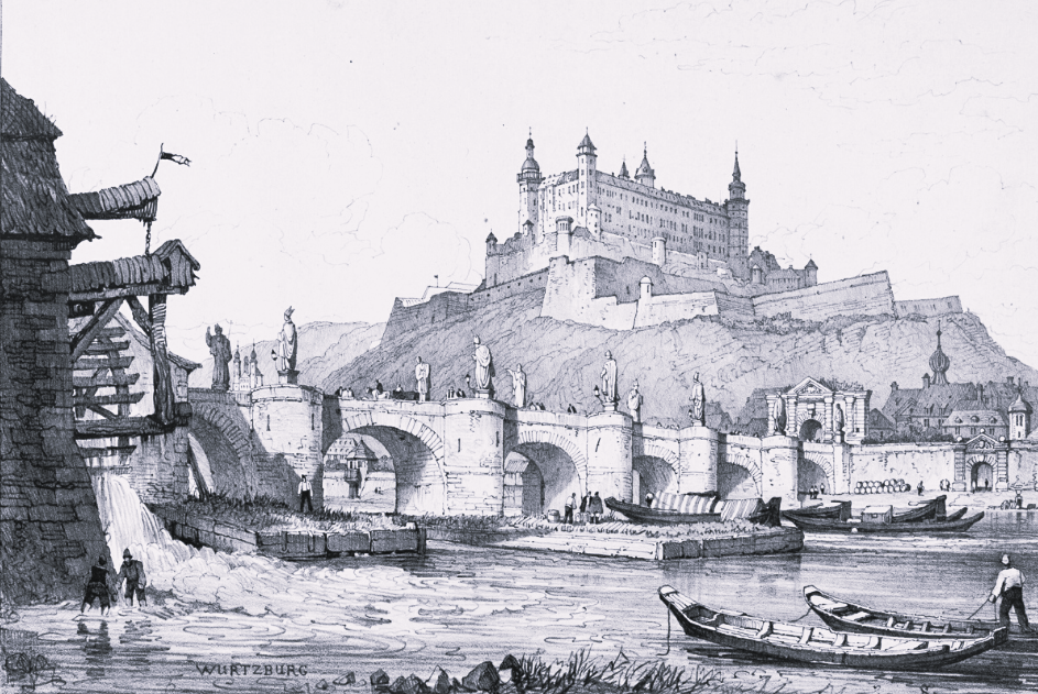 Wurzburg by Samuel Prout 1833, some adjustment by me. 

View of the fortress of Wuerzburg over the river