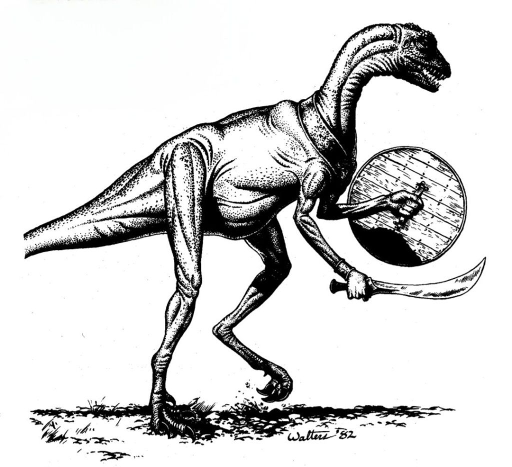 Velociraptor with sword and shield