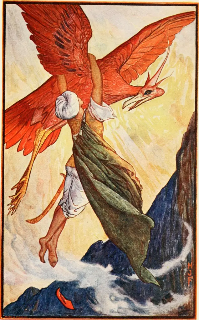 boy in turban being lifted up by red bird