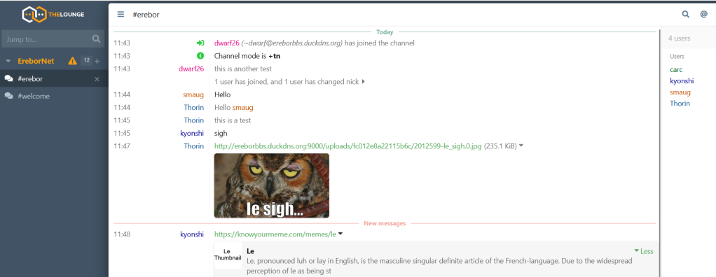 screenshot of The Lounge interface with uploaded le sigh meme and link preview for a knowyourmeme article